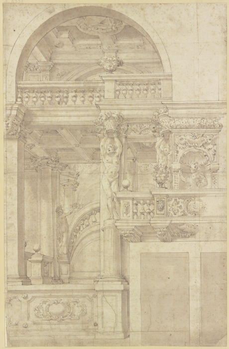 Treppe in einer mit Karyatiden geschmückten Säulenhalle de Antonio Roli