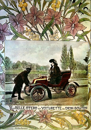 La Belle Otero at the wheel of a De Dion-Bouton car, c.1900 de Arsene Herbinier