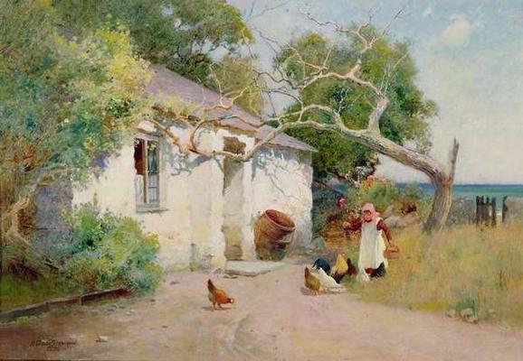 Feeding the Hens, 1894 (oil) de Arthur Claude Strachan