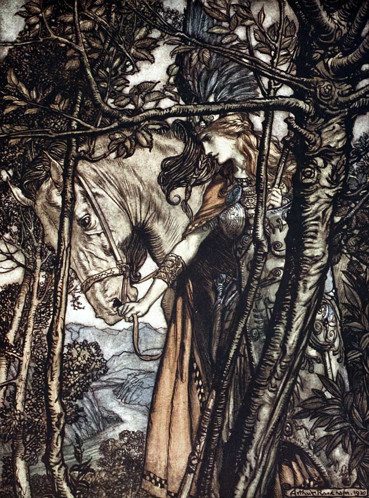 Brünnhilde leads her horse by the bridle. Illustration for "The Rhinegold and The Valkyrie" by Richa de Arthur Rackham