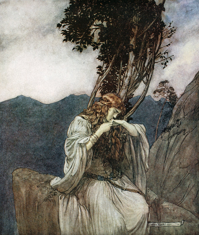 Brünnhilde kisses the ring that Siegfried has left with her. Illustration for "Siegfried and The Twi de Arthur Rackham