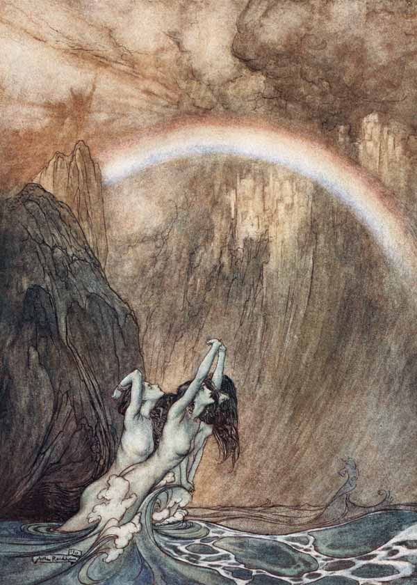 The Rhinemaidens bewail their lost gold. Illustration for "The Rhinegold and The Valkyrie" by Richar de Arthur Rackham