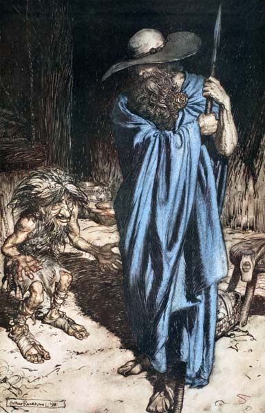 Mime and the Wanderer. Illustration for "Siegfried and The Twilight of the Gods" by Richard Wagner de Arthur Rackham