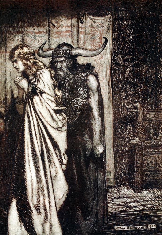 O wife betrayed I will avenge they trust deceived! Illustration for "Siegfried and The Twilight of t de Arthur Rackham