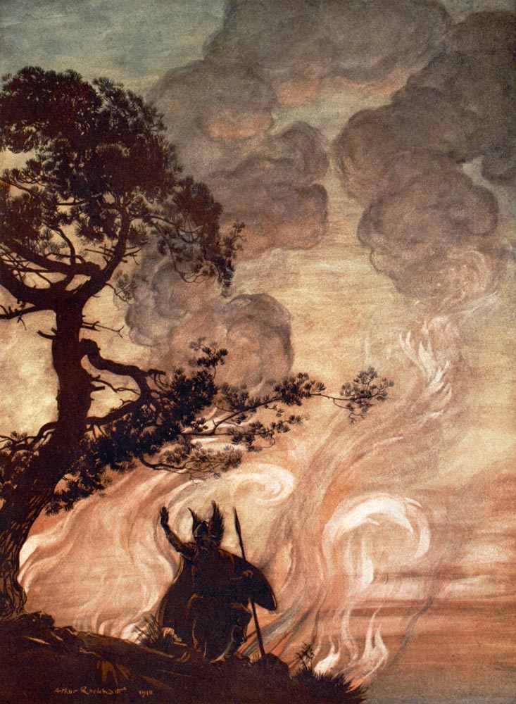 Wotan turns and looks sorrowfully back at Brünnhilde. Illustration for "The Rhinegold and The Valkyr de Arthur Rackham