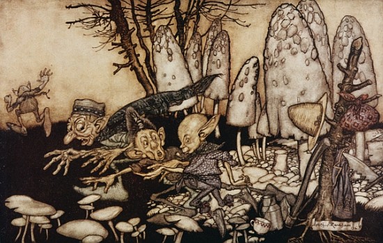 A band of workmen, who were sawing down a toadstool, rushed away, leaving their tools behind them fr de Arthur Rackham