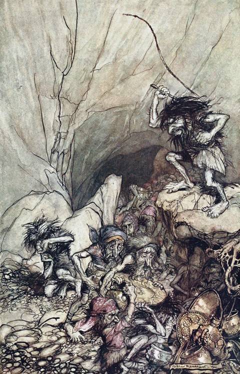 Alberich drives in a band of Niblungs laden with gold and silver treasure. Illustration for "The Rhi de Arthur Rackham
