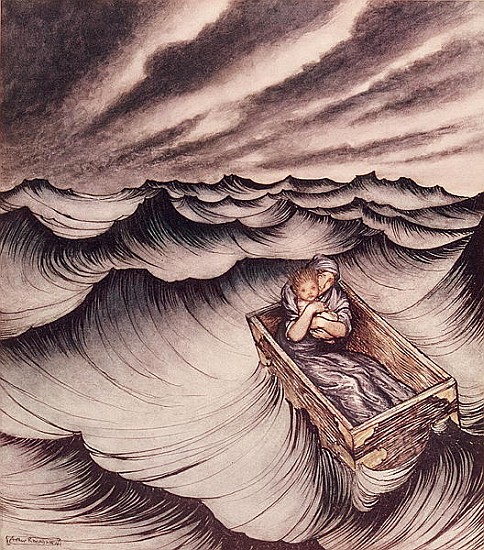 Danae and her son Perseus put in a chest and cast into the sea de Arthur Rackham
