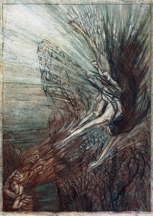 The frolic of the Rhinemaidens. Illustration for "The Rhinegold and The Valkyrie" by Richard Wagner de Arthur Rackham
