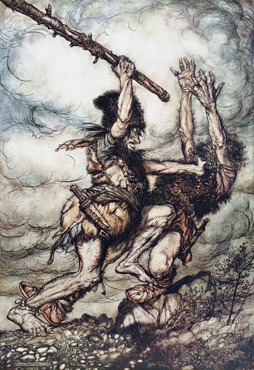 Giant Fafner Kills Fasolt. Illustration for "The Rhinegold and The Valkyrie" by Richard Wagner de Arthur Rackham