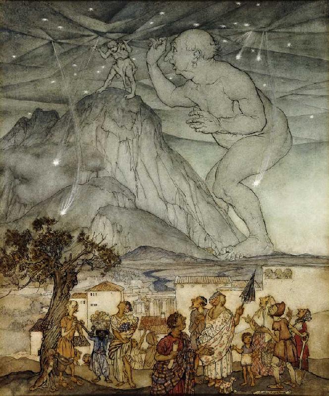 Herkules trägt für Atlas den Himmel (Zeichnung für 'Hawthorne's Wonder Book') de Arthur Rackham