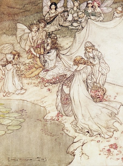 Illustration for a Fairy Tale, Fairy Queen Covering a Child with Blossom de Arthur Rackham