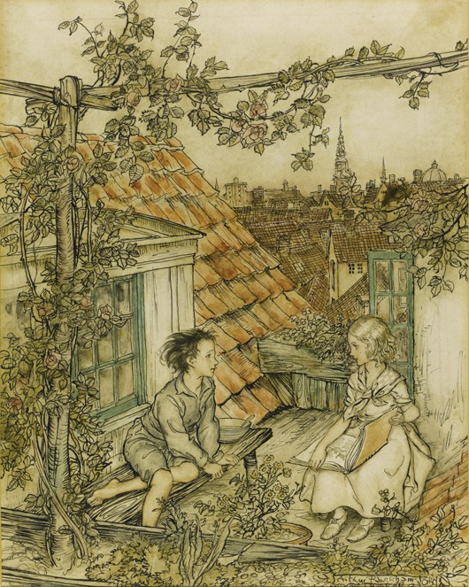 Kay and Gerda in their garden high up on the roof. Illustration for the tale of "The Snow Queen" de Arthur Rackham