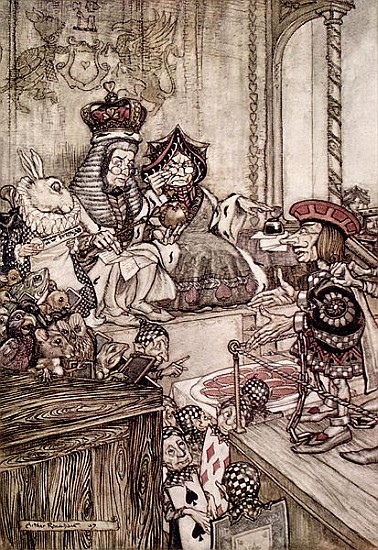 Knave before the King and Queen of Hearts, illustration to ''Alice''s Adventures in Wonderland'' Lew de Arthur Rackham