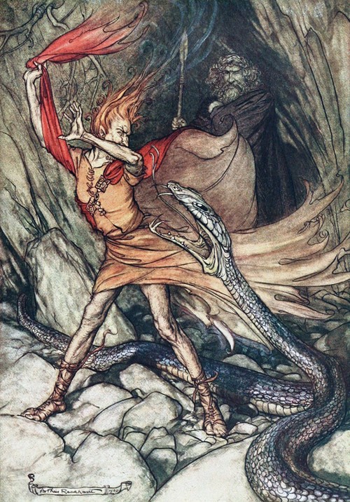 Ohe! Ohe! Terrible dragon, oh, swallow me not! Illustration for "The Rhinegold and The Valkyrie" by  de Arthur Rackham