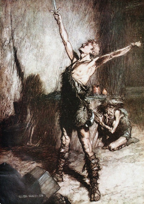 Siegfried forges his sword. Illustration for "Siegfried and The Twilight of the Gods" by Richard Wag de Arthur Rackham