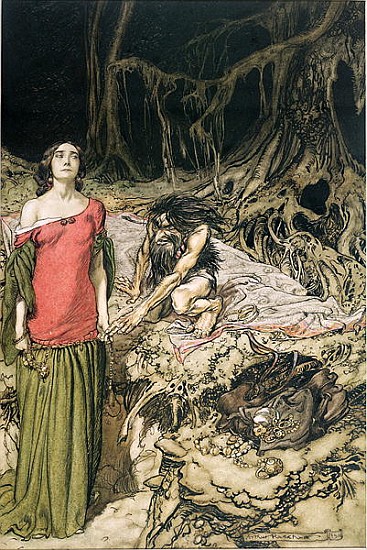 The Wooing of Grimhilde, the mother of Hagen from ''Siegfried and The Twilight of the Gods'' Richard de Arthur Rackham
