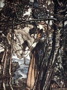 Brünnhilde leads her horse by the bridle. Illustration for "The Rhinegold and The Valkyrie" by Richa