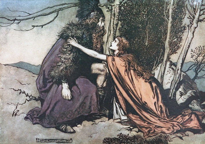 Father! Father! Tell me what ails thee? Illustration for "The Rhinegold and The Valkyrie" by Richard de Arthur Rackham
