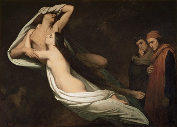 The figures of Francesca da Rimini and Paolo da Verrucchio appear to Dante and Virgil, illustration de Ary Scheffer