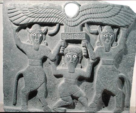 Relief depicting Gilgamesh between two bull-men supporting a winged sun disk, from Tell-Halaf, Syria de Assyrian