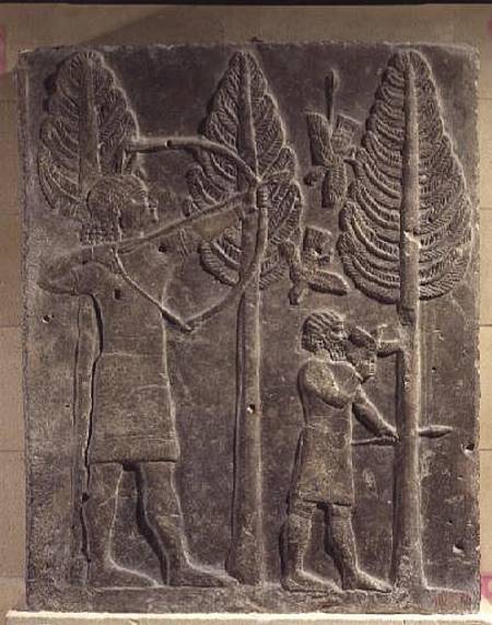 Relief depicting the hunting of birds in the woods, from the Palace of Sargon II at Khorsabad, Iraq de Assyrian