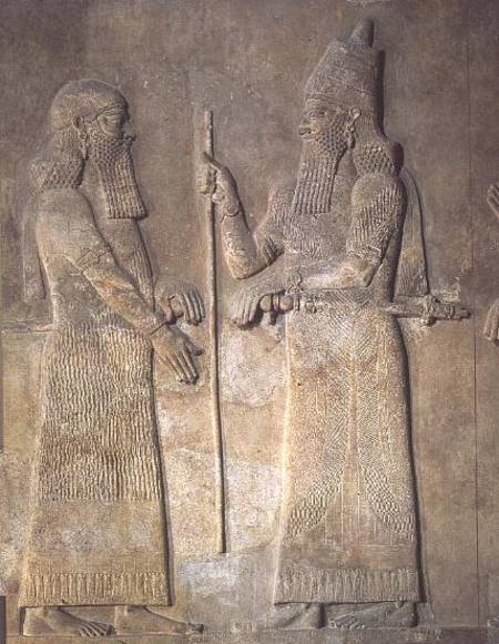Relief depicting Sargon II (721-705 BC) and a vizier, from the Palace of Sargon II at Khorsabad, Ira de Assyrian