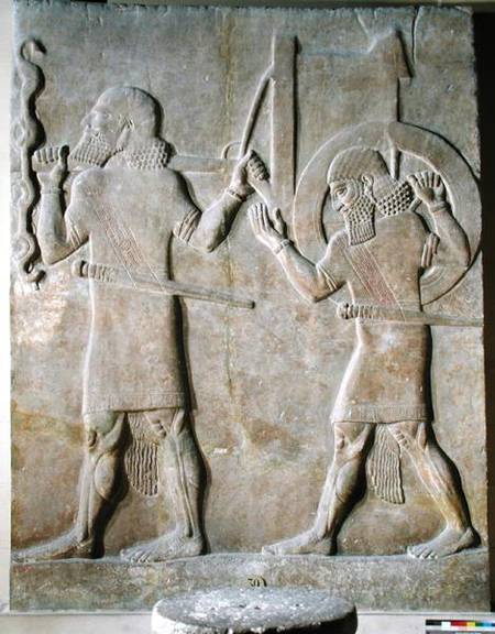 Relief depicting two soldiers carrying the king's war chariot, from the Palace of Sargon II, Khorsab de Assyrian