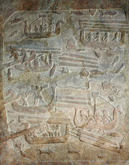 Relief depicting the unloading of wood after transportation by sea, from the Palace of Sargon II, Kh de Assyrian