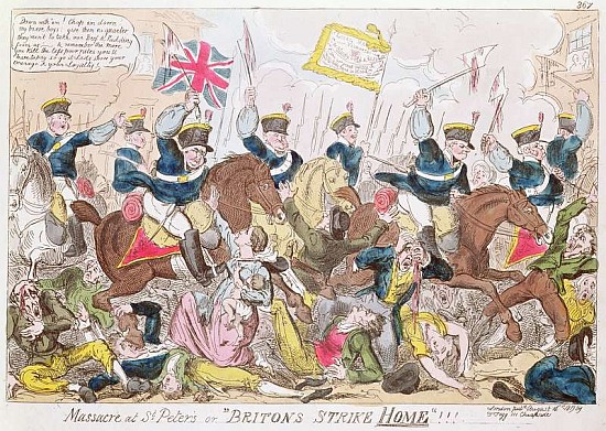 Massacre at St. Peter''s, or ''Britons Strike Home'', pub.  By Thomas Tegg, 1819(b&w photo) de (attr. to) George Cruikshank