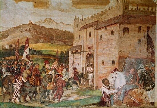 Reception of King Christian I of Denmark the condottiere, Bartolomeo Colleoni, at the Castle of Malp de (attr.to) Girolamo Romanino