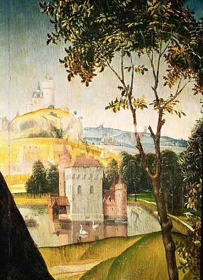 Landscape with castle in a moat and two swans, 1460-66 (detail of 344036) de (attr. to) Rogier van der Weyden