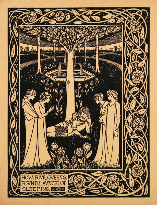 How Four Queens Found Lancelot Sleeping. Illustration to the book "Le Morte d'Arthur" by Sir Thomas  de Aubrey Vincent Beardsley