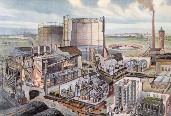 Cross section of a gas factory (colour engraving) de August Dressel