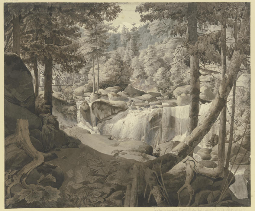 Waldlandschaft mit Wasserfall, im Hintergrund Pilger, über eine Brücke gehend de August Lucas