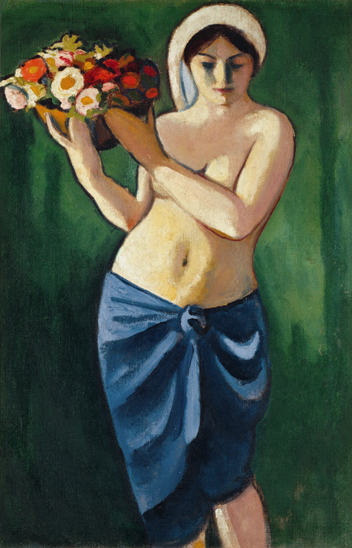 Una mujer llevando un cuenco de flores  de August Macke