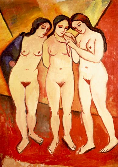 Three Naked Girls (red and orange) de August Macke