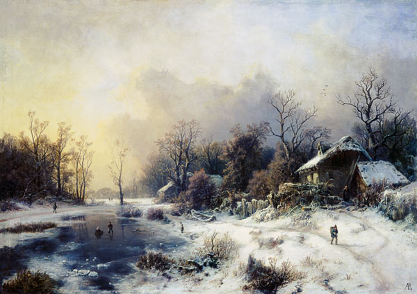 Winter landscape with a pond having been cold. de August Piepenhagen
