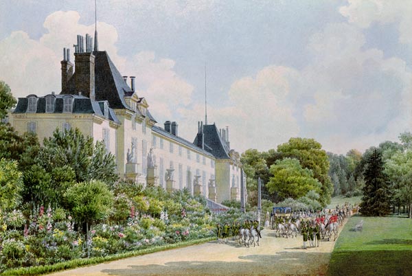 View of the Garden Facade of the Chateau, from a collection of twelve 'Views of the Malmaison'  on de Auguste Simon Garneray