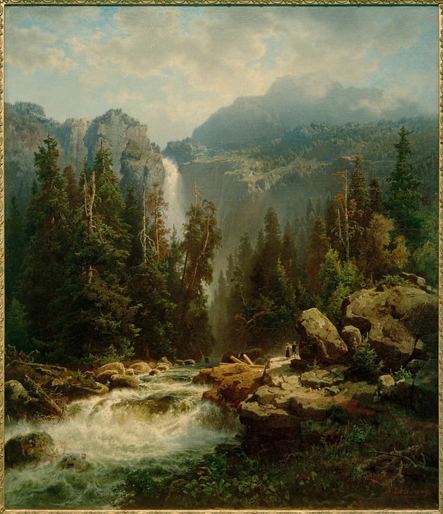 Norwegische Landschaft mit Wasserfall de Augustus Wilhelm Leu