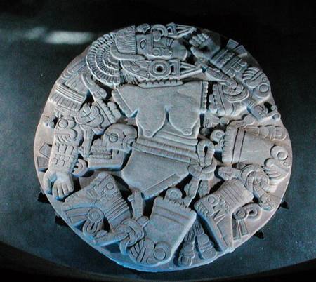 Carving of the dismemberment of the moon goddess Coyolxauhqui, found at the foot of the twin pyramid de Aztec