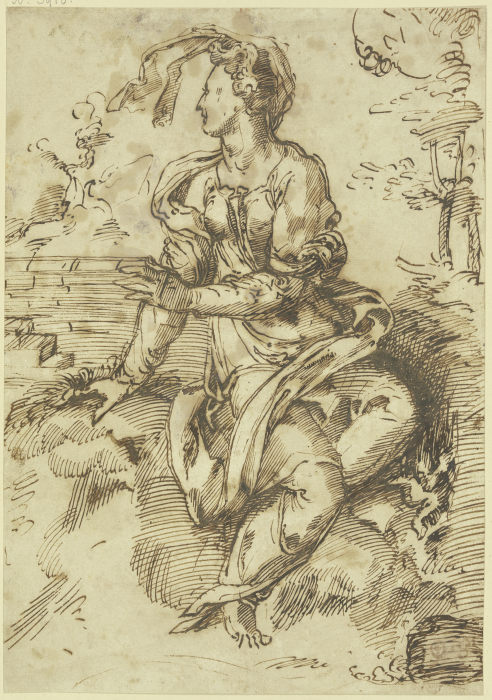 Sitzende Frau mit fliegendem Schleier in einer Landschaft nach links gewandt de Baccio Bandinelli