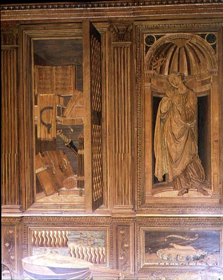 The Study of Federigo da Montefeltro, Duke of Urbino: intarsia panelling depicting (L) an open cupbo de Baccio Pontelli