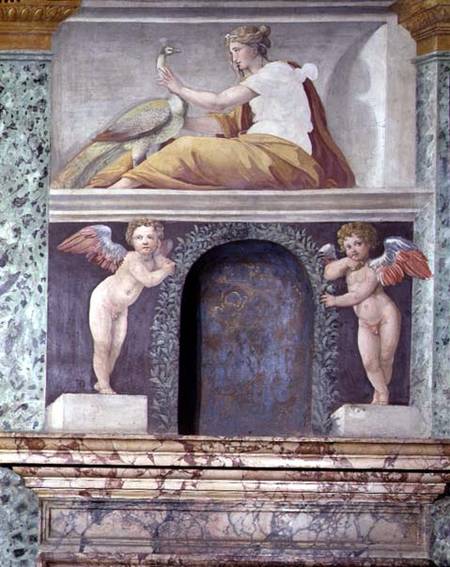 The 'Sala delle Prospettive' (Hall of Perspective) detail of trompe l'oeil niche depicting the godde de Baldassare Peruzzi
