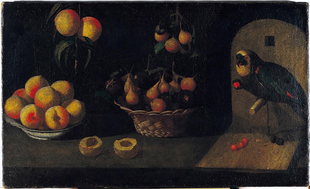 Still-life with fruit and parrot de Baltazar Gomes Figueira