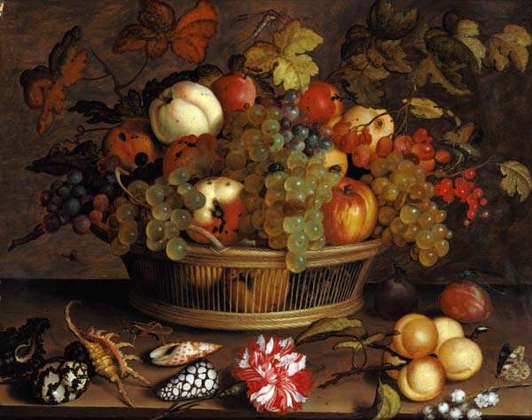 Quiet life with grapes, apples, peach, plums and f de Balthasar van der Ast