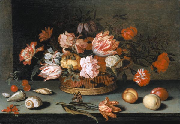 Quiet life with flowers, fruits, mussels and butte de Balthasar van der Ast