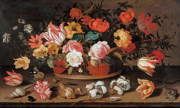 Rosas, tulipas, azucenas y otras flores en una canasta roja de Balthasar van der Ast