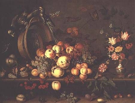 Still Life with Fruit, Flowers and Parrots de Balthasar van der Ast