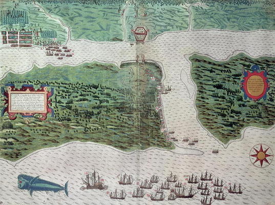 Map depicting the destruction of the Spanish colony of St. Augustine in Florida on 7th July 1586 by de Baptista Boazio